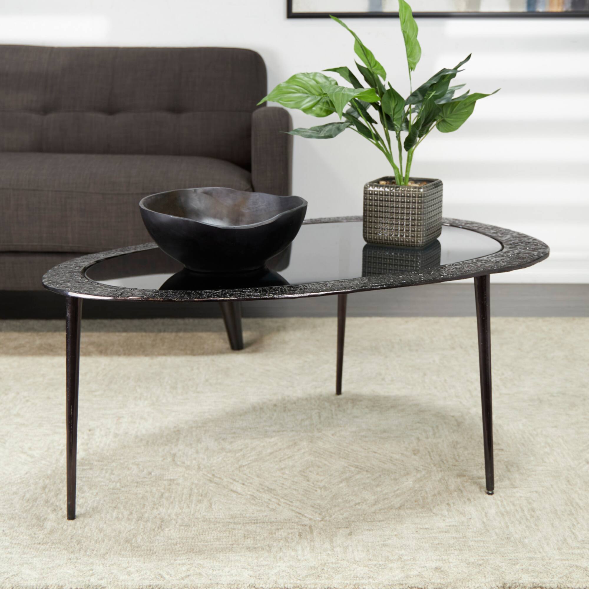 30" Black Aluminum Abstract Oval Shaped Coffee Table with Glass Top